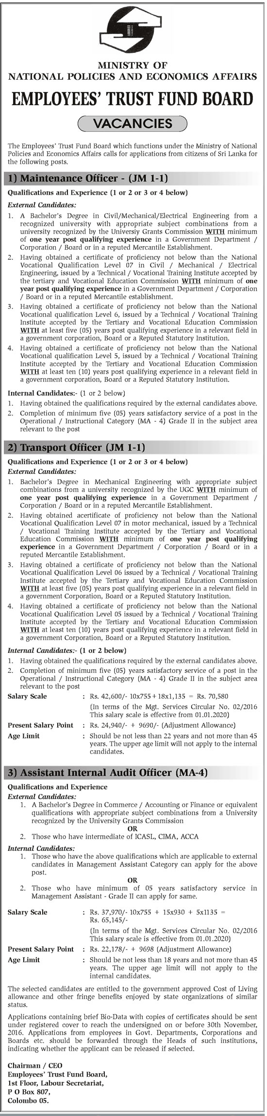 Maintenance Officer, Transport Officer, Assistant Internal Audit Officer - Empolyees' Trust Fund Board	